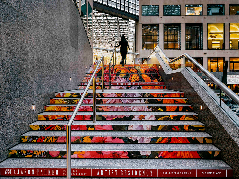 Jason Parker mural on the staircase, Collins Place Artist Residency | ART AID